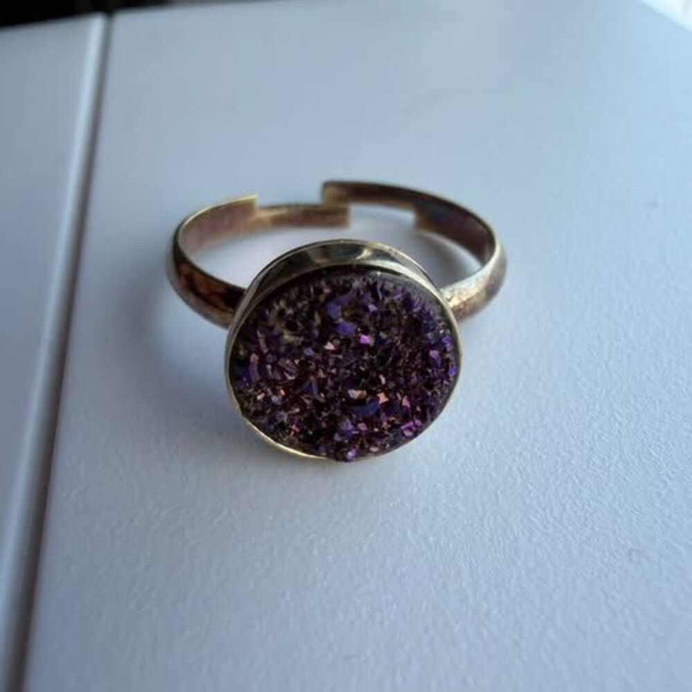 925 Sterling Silver Gold Vermeil Purple Titanium Druzy Adjustable Statement Ring